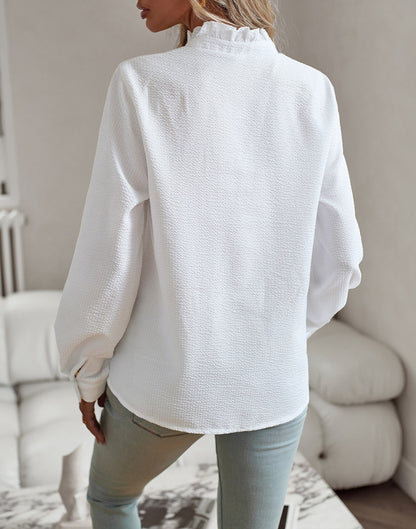 Chic Vertical Striped Shirt with Ruffle Detail
