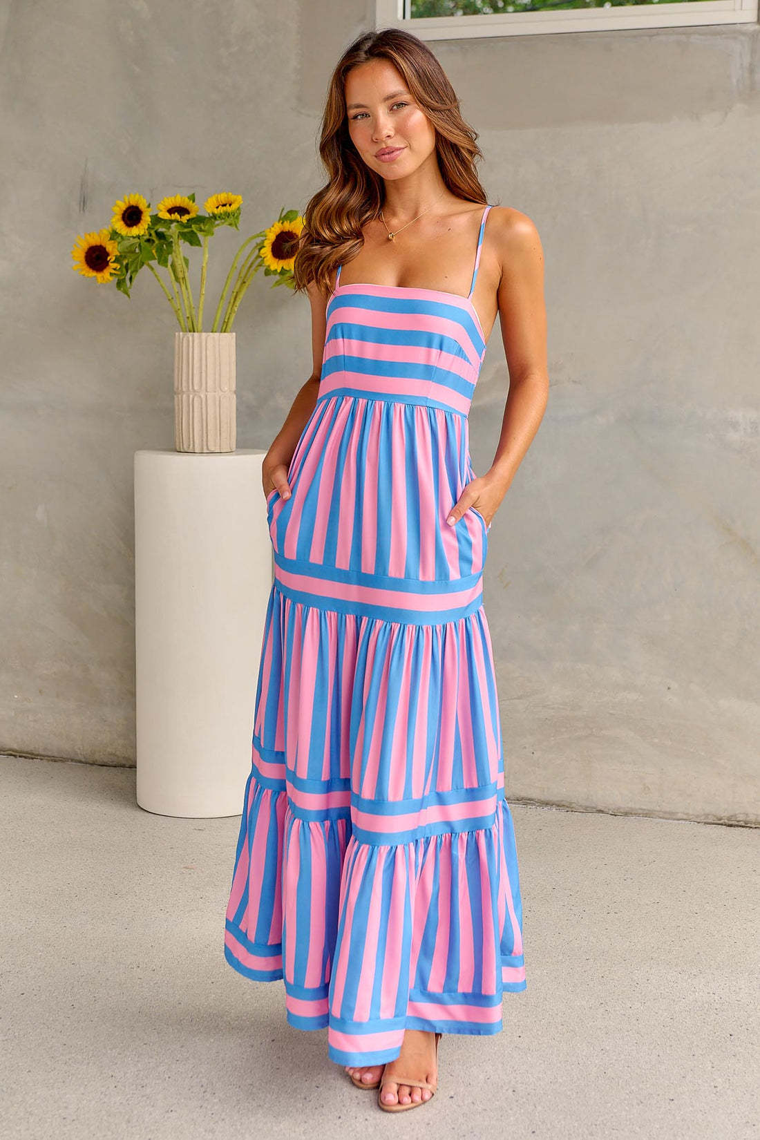 Modern Boho Striped Gown for Seaside Vacations & Brunches