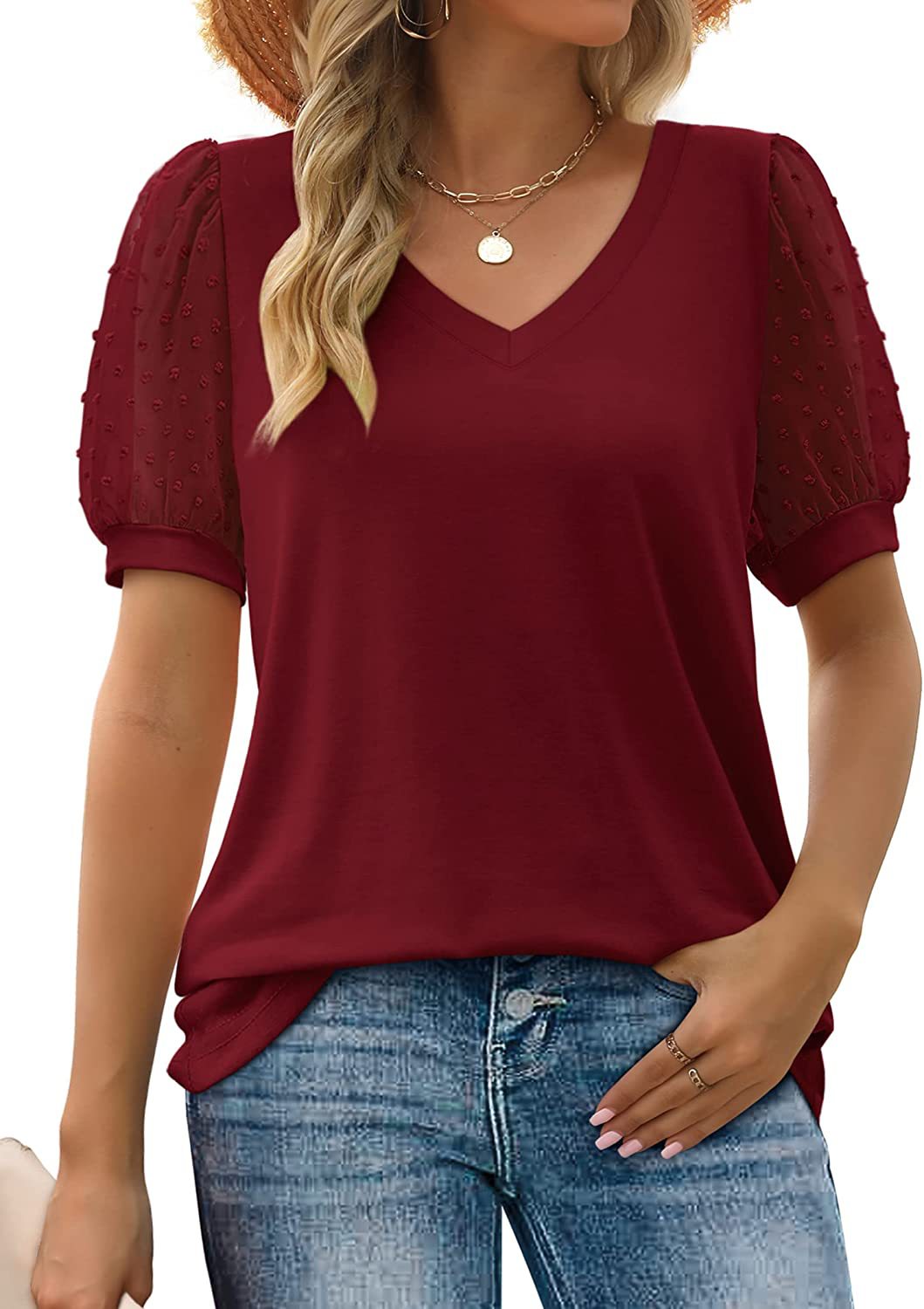 Aura Mesh Puff Sleeve V-Neck Blouse