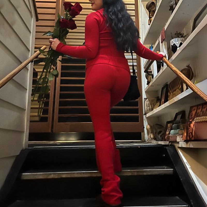 Aria Ribbed Y2K Zip-Up & Flare Set