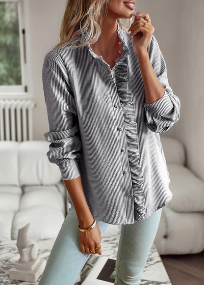 Chic Vertical Striped Shirt with Ruffle Detail