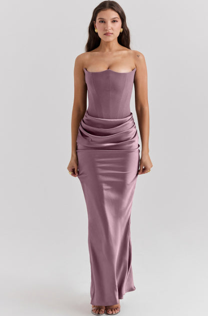 Sultry Strapless Bandeau Gown with Sculpted Bodice & Liquid Satin Flow