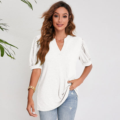 Luna Split V-Neck Pleated Puff Sleeve Blouse