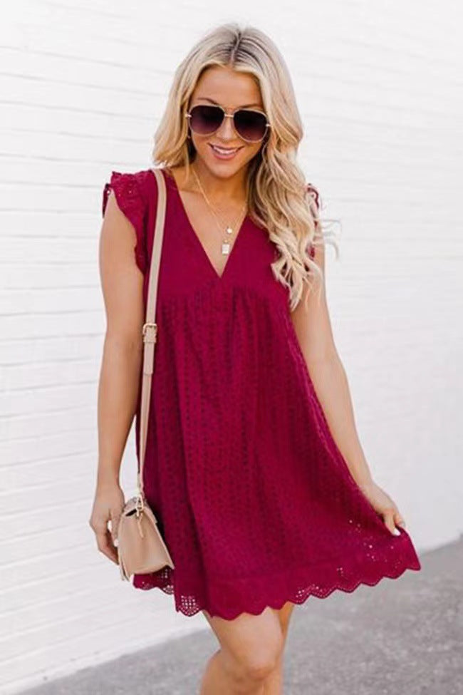 Elegant Coastal White Mini Dress in Intricate Jacquard Lace