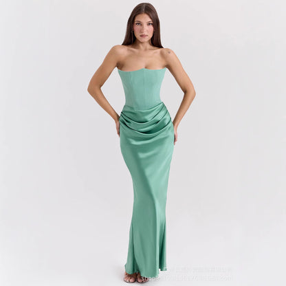 Sultry Strapless Bandeau Gown with Sculpted Bodice & Liquid Satin Flow