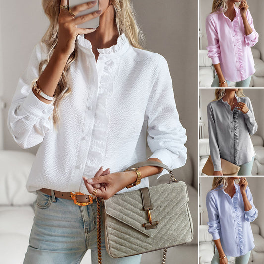 Chic Vertical Striped Shirt with Ruffle Detail