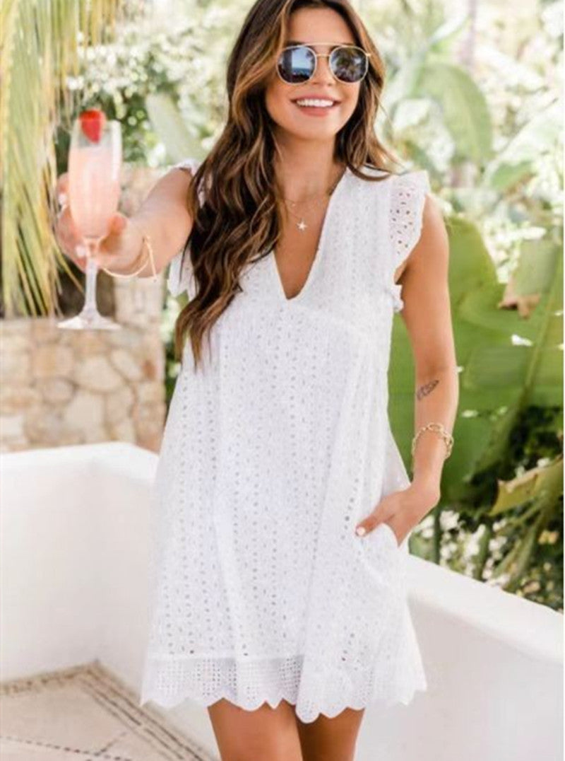 Elegant Coastal White Mini Dress in Intricate Jacquard Lace