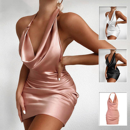 Sultry Silky Party Dress with Draped Neckline for Night Out