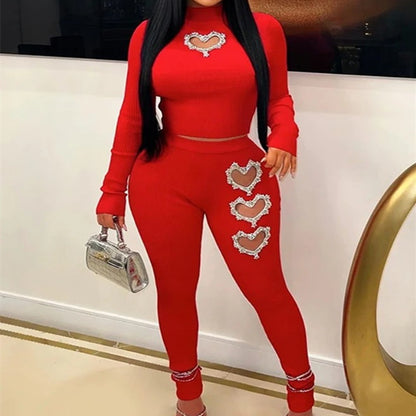Diamond-Heart "L'Amour" Ribbed Suit with Mock-Neck Sculpting