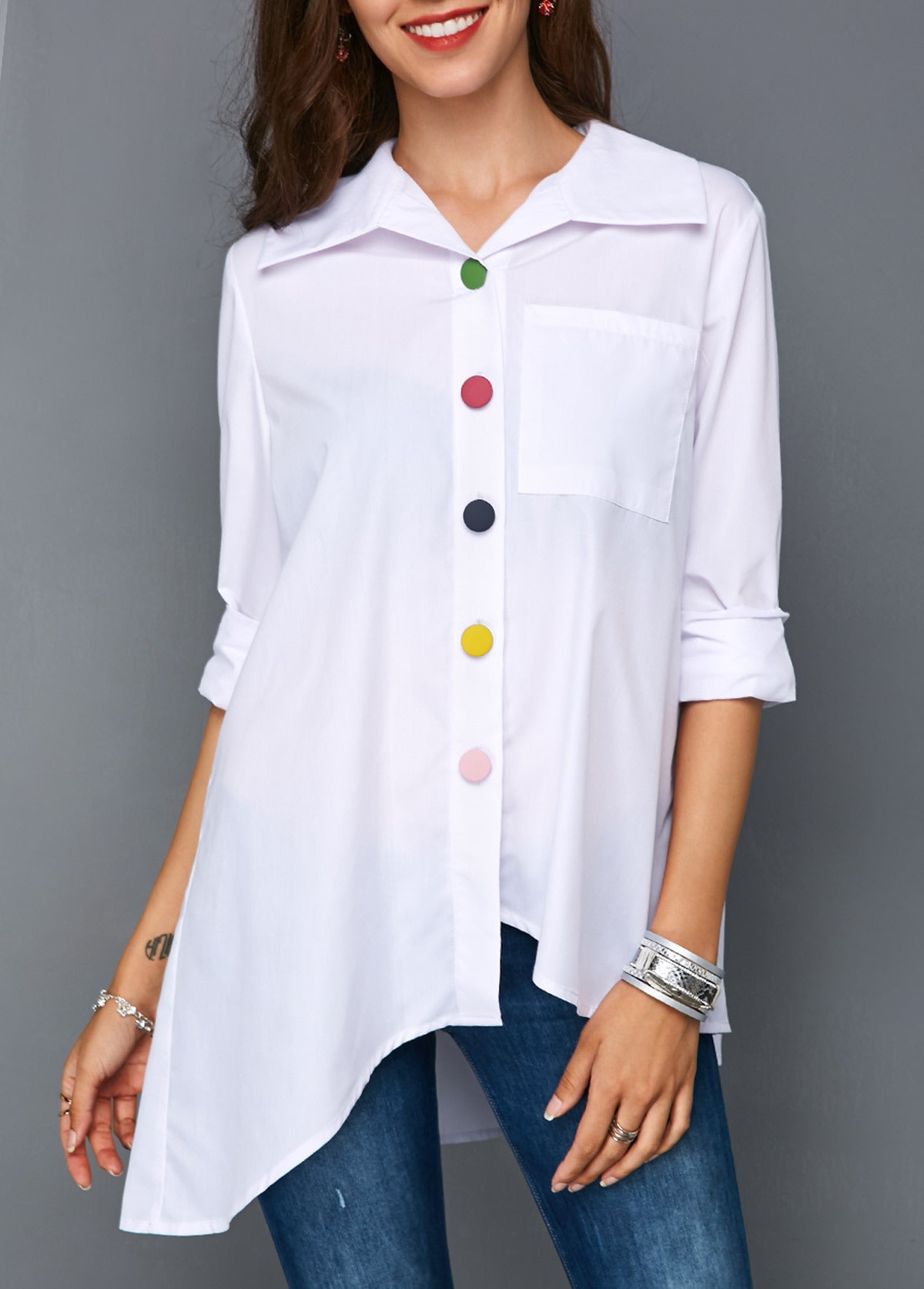 Asymmetric Hem Button-Down Shirt with Colorful Accents