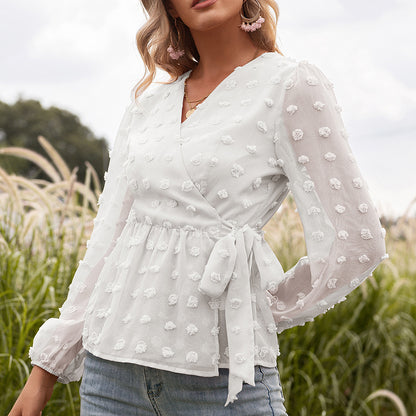Chic Long Sleeve Sheer Blouse with Romantic Bow Detail