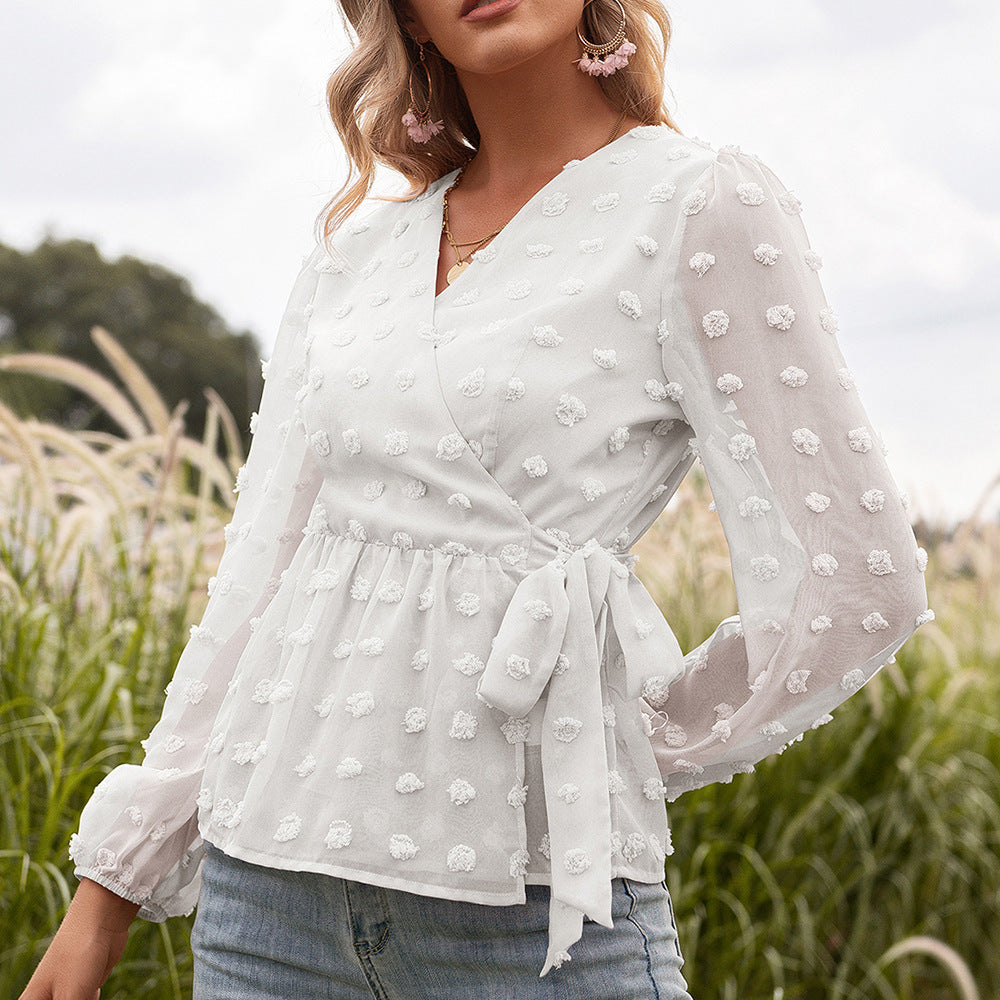 Chic Long Sleeve Sheer Blouse with Romantic Bow Detail