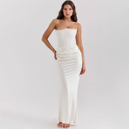 Sultry Strapless Bandeau Gown with Sculpted Bodice & Liquid Satin Flow