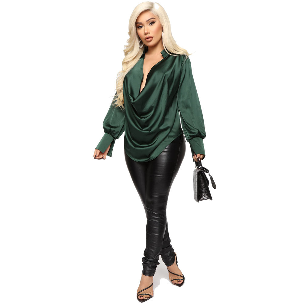 Glamorous Long Sleeve Drape-Front Satin Bodice