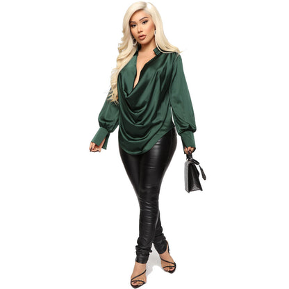 Glamorous Long Sleeve Drape-Front Satin Bodice