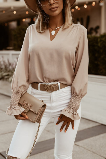 Elegant V-Neck Blouse with Smocked Ruffle Cuffs