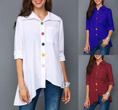 Asymmetric Hem Button-Down Shirt with Colorful Accents