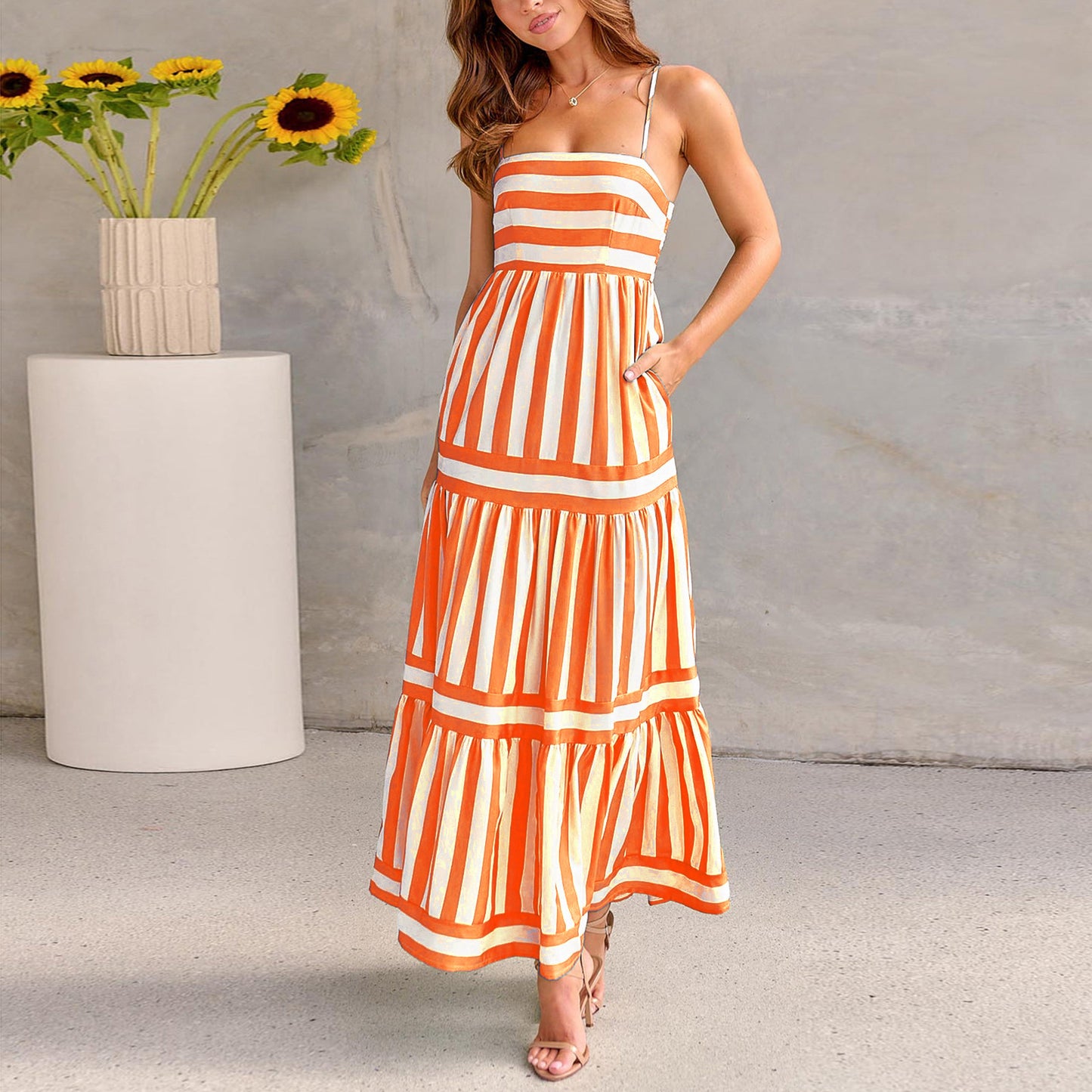 Modern Boho Striped Gown for Seaside Vacations & Brunches