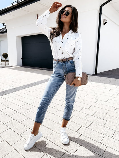 Versatile Long Sleeve Spotted Top with Front Chest Pocket