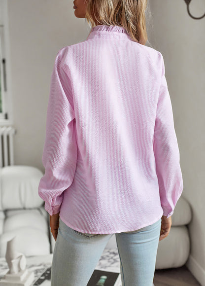 Chic Vertical Striped Shirt with Ruffle Detail