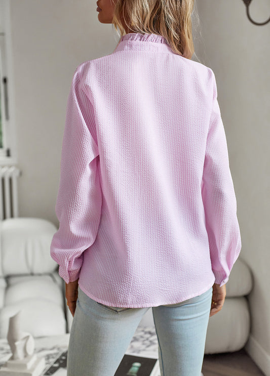 Chic Vertical Striped Shirt with Ruffle Detail