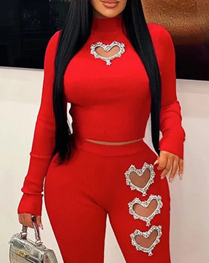 Diamond-Heart "L'Amour" Ribbed Suit with Mock-Neck Sculpting