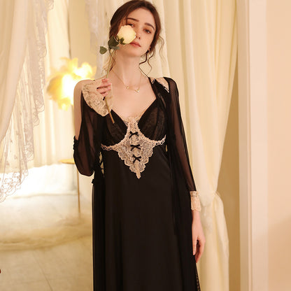 Monolith-Noir Gown in "Midnight-Chiffon" with Precision Scalloped-Lace Frame