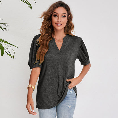 Luna Split V-Neck Pleated Puff Sleeve Blouse