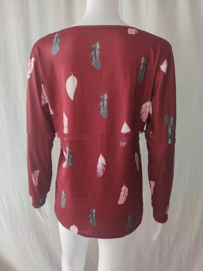 Elegant V-Neck Feather Print Zip Blouse