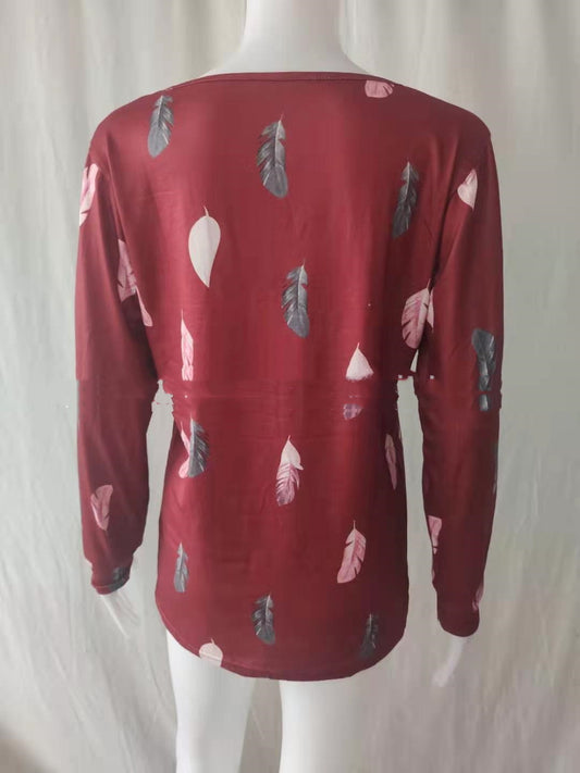 Elegant V-Neck Feather Print Zip Blouse
