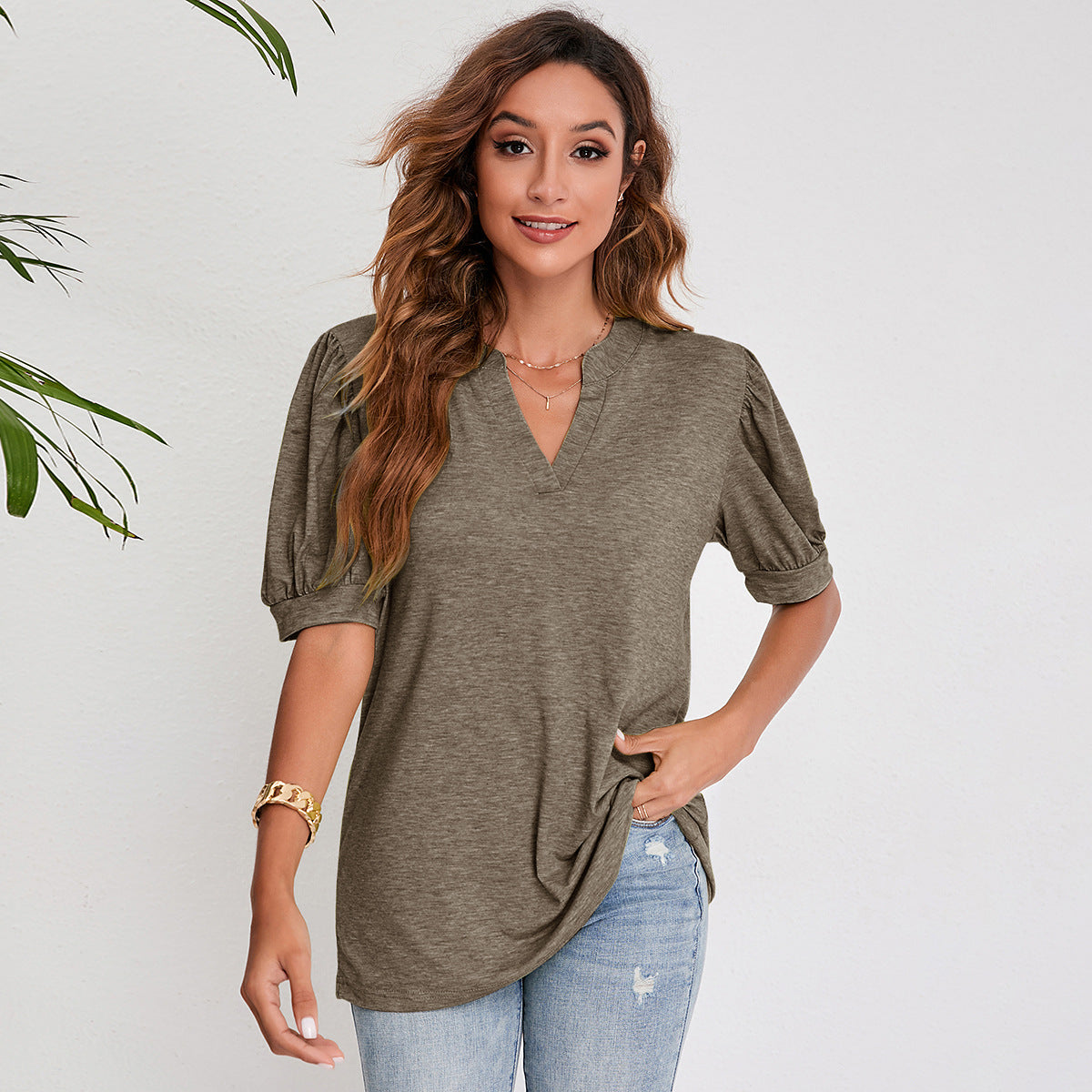 Luna Split V-Neck Pleated Puff Sleeve Blouse