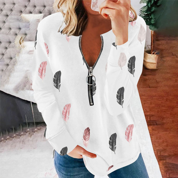 Elegant V-Neck Feather Print Zip Blouse