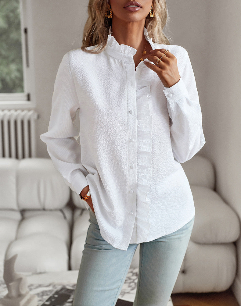 Chic Vertical Striped Shirt with Ruffle Detail