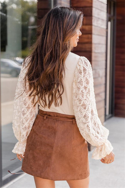 Modern Boho Mixed-Media Top with Romantic Floral Lace