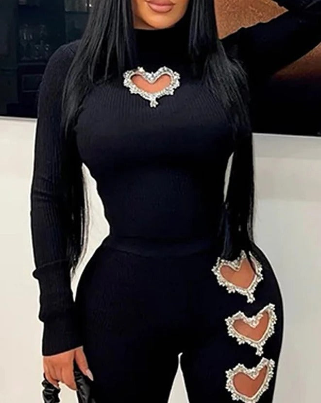 Diamond-Heart "L'Amour" Ribbed Suit with Mock-Neck Sculpting