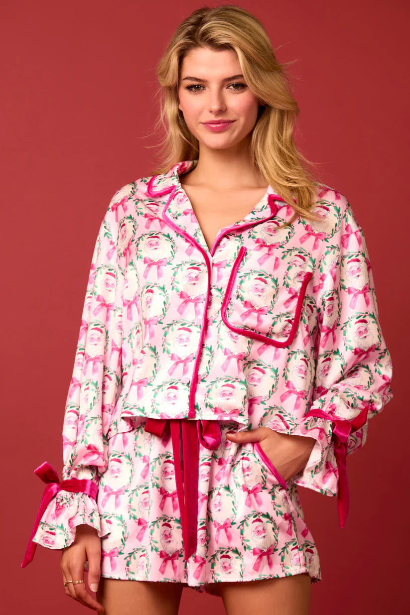 Solstice-Morning Pajama-Suit in "Holiday-Icon" Print with Precision Lapels