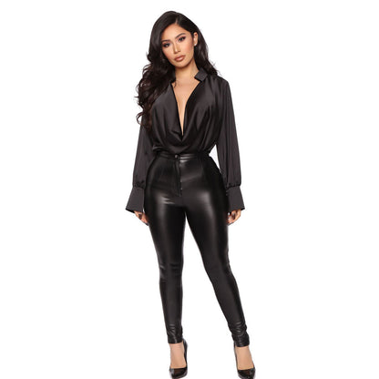 Glamorous Long Sleeve Drape-Front Satin Bodice