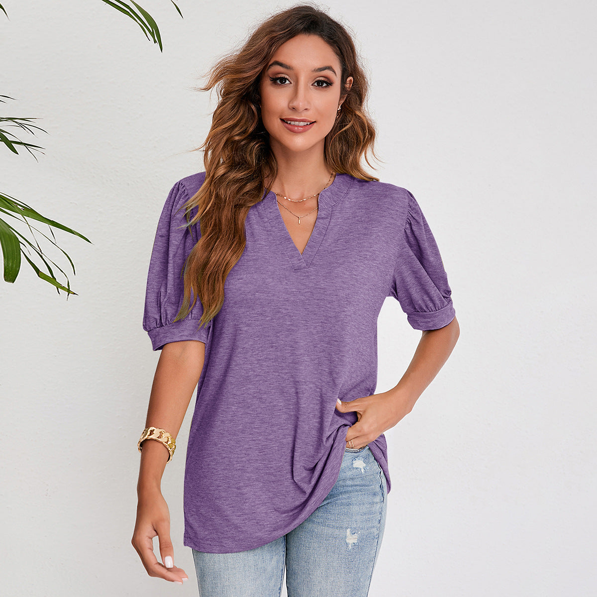 Luna Split V-Neck Pleated Puff Sleeve Blouse