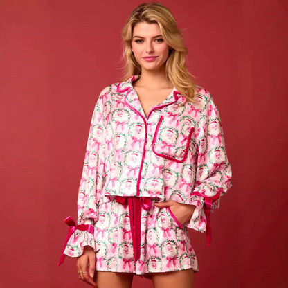 Solstice-Morning Pajama-Suit in "Holiday-Icon" Print with Precision Lapels