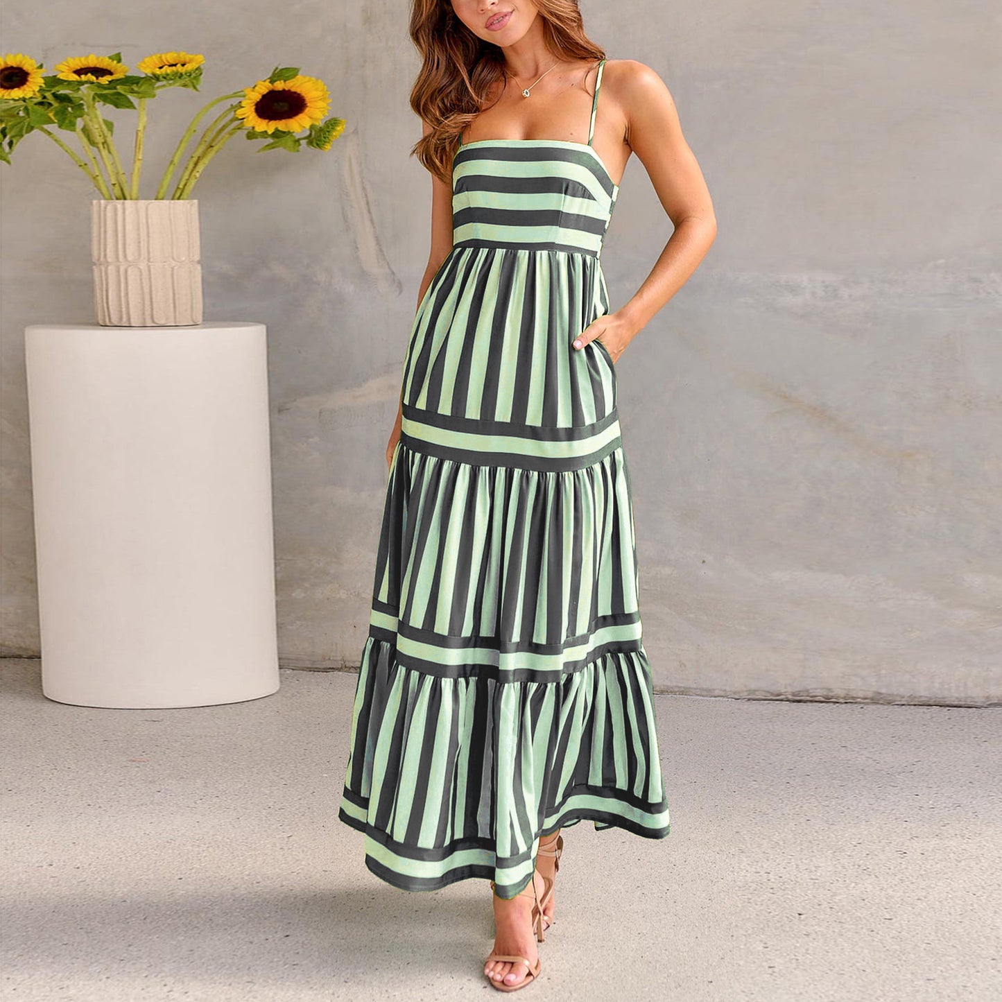 Modern Boho Striped Gown for Seaside Vacations & Brunches