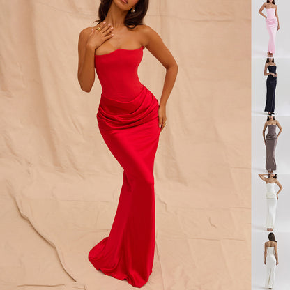 Sultry Strapless Bandeau Gown with Sculpted Bodice & Liquid Satin Flow