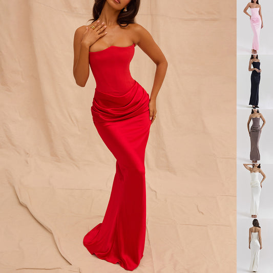 Sultry Strapless Bandeau Gown with Sculpted Bodice & Liquid Satin Flow