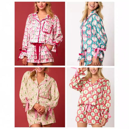 Solstice-Morning Pajama-Suit in "Holiday-Icon" Print with Precision Lapels
