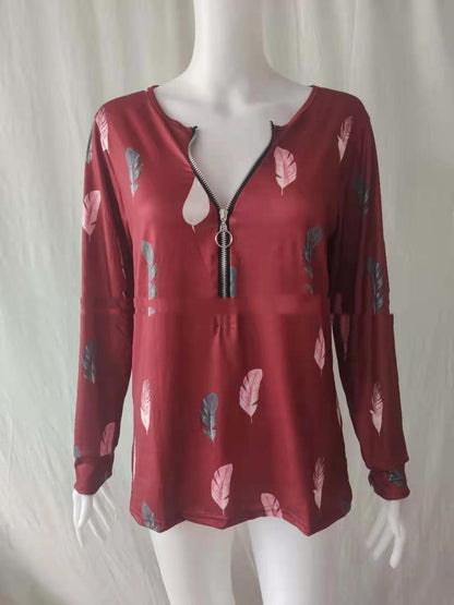 Elegant V-Neck Feather Print Zip Blouse