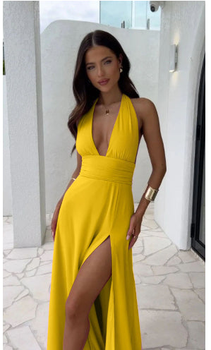 Sultry Floor-Length Halter Dress with Sophisticated Draped Front