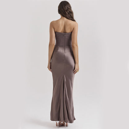 Sultry Strapless Bandeau Gown with Sculpted Bodice & Liquid Satin Flow
