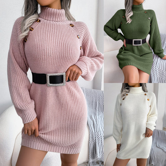 Modern Ribbed High-Neck Sweater Gown with Gold-Tone Accents