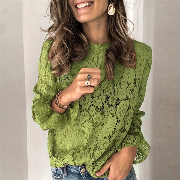Aura Floral Hollow Lace Long Sleeve Blouse