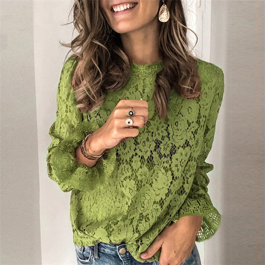 Aura Floral Hollow Lace Long Sleeve Blouse