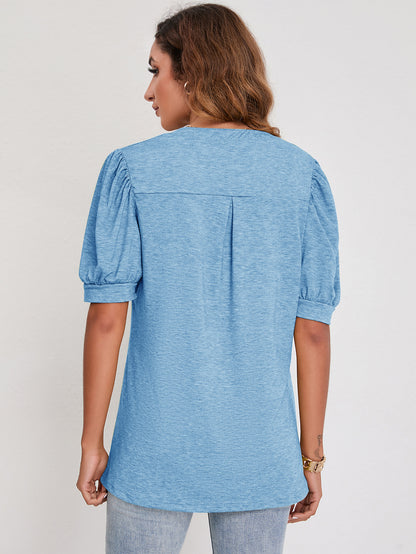 Luna Split V-Neck Pleated Puff Sleeve Blouse